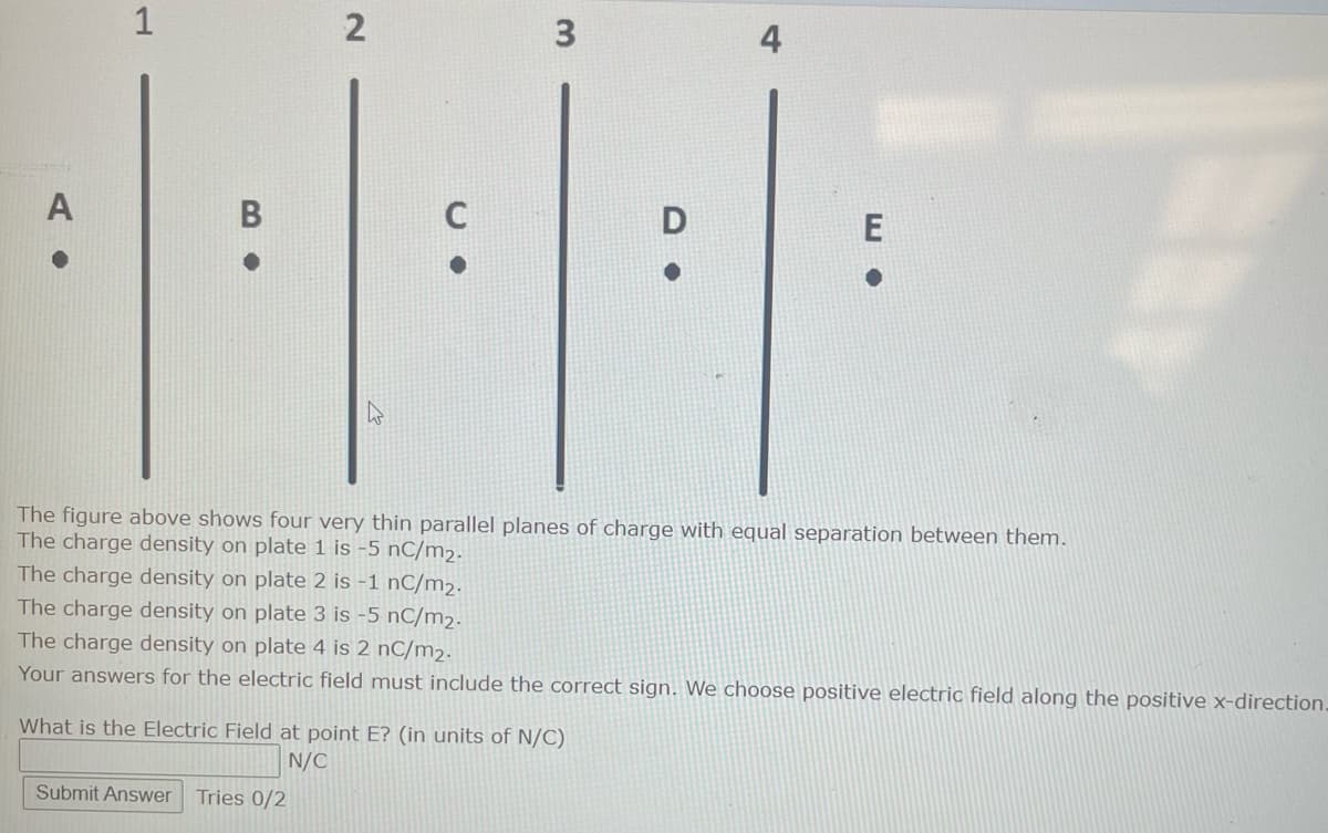 AO
A
1
B
2
Submit Answer Tries 0/2
K
C
3
D
4
E.
E
The figure above shows four very thin parallel planes of charge with equal separation between them.
The charge density on plate 1 is -5 nC/m₂.
The charge density on plate 2 is -1 nC/m₂.
The charge density on plate 3 is -5 nC/m2.
The charge density on plate 4 is 2 nC/m₂.
Your answers for the electric field must include the correct sign. We choose positive electric field along the positive x-direction.
What is the Electric Field at point E? (in units of N/C)
N/C