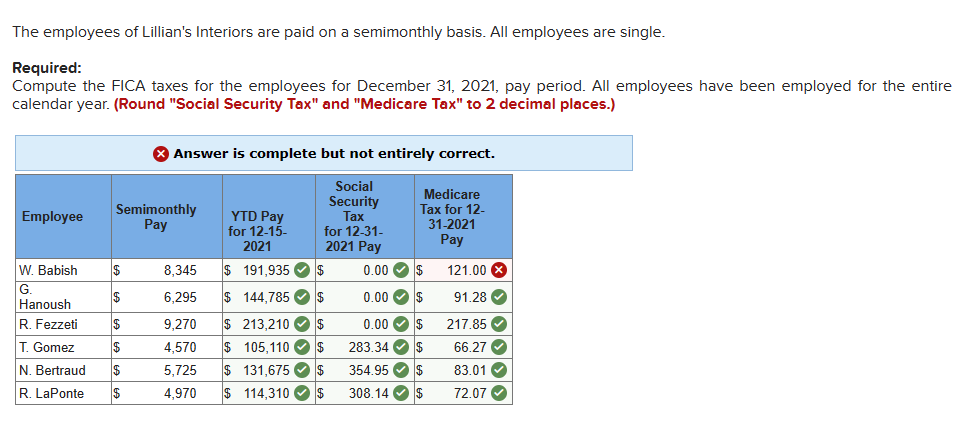 The employees of Lillian's Interiors are paid on a semimonthly basis. All employees are single.
Required:
Compute the FICA taxes for the employees for December 31, 2021, pay period. All employees have been employed for the entire
calendar year. (Round "Social Security Tax" and "Medicare Tax" to 2 decimal places.)
Employee
W. Babish
G.
Hanoush
R. Fezzeti
T. Gomez
N. Bertraud
R. LaPonte
Semimonthly
Pay
$
$
$
$
69 69
$
X Answer is complete but not entirely correct.
Social
Security
Tax
$
YTD Pay
for 12-15-
2021
8,345
$191,935
$
6,295
$ 144,785 $
9,270 $ 213,210✔✔ $
$ 105,110 $
4,570
5,725
$ 131,675$
4,970
$ 114,310 $
Medicare
Tax for 12-
31-2021
Pay
for 12-31-
2021 Pay
0.00
$
0.00 $
0.00 $
283.34
354.95
$
$
308.14 $
121.00 x
91.28
217.85✔
66.27✔
83.01✔
72.07✔