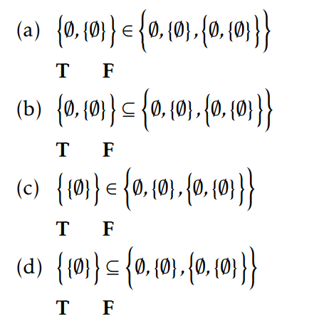 (a) {0, {0}} = {0, {0},{0, (0}}}
T F
(b) {0, {0}}= {0, (0},{0, {0}}}
T F
(c) { {0}} = { 0, {0},{0, {0}}}
T F
(d) {10}} = {0, {0}, {0, {0}}}
T F