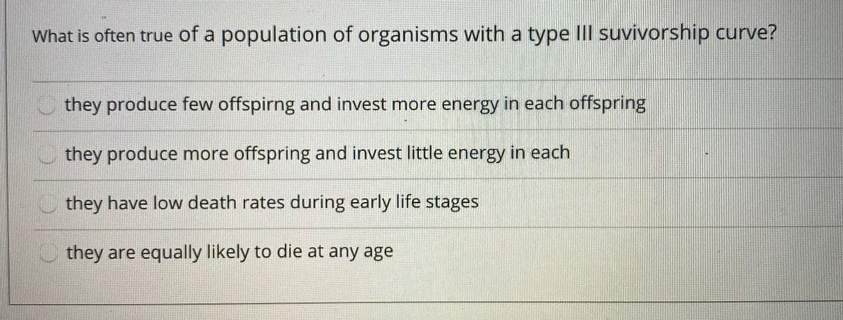 What is often true of a population of organisms with a type IIl suvivorship curve?
they produce few offspirng and invest more energy in each offspring
O they produce more offspring and invest little energy in each
Othey have low death rates during early life stages
O they are equally likely to die at any age
