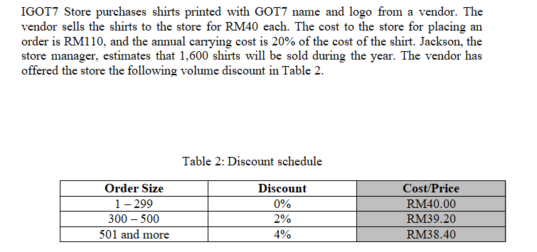 IGOT7 Store purchases shirts printed with GOT7 name and logo from a vendor. The
vendor sells the shirts to the store for RM40 each. The cost to the store for placing an
order is RM110, and the annual carrying cost is 20% of the cost of the shirt. Jackson, the
store manager, estimates that 1,600 shirts will be sold during the year. The vendor has
offered the store the following volume discount in Table 2.
Order Size
1 - 299
300 - 500
501 and more
Table 2: Discount schedule
Discount
0%
2%
4%
Cost/Price
RM40.00
RM39.20
RM38.40