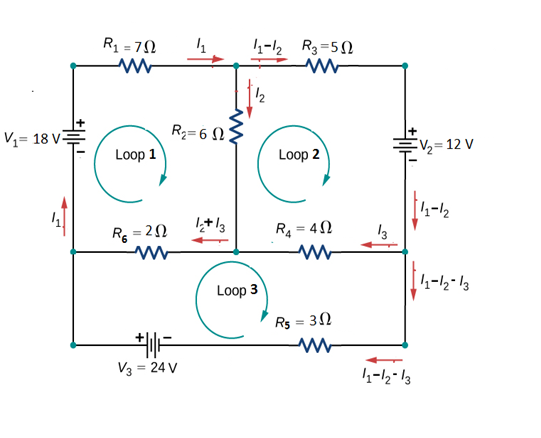 R1 = 7N
4-l2 R3 =50
R3=5N
V1= 18 V-
R2= 6 NE
Loop 1
EV½= 12 V
!!
Loop 2
= 20
R4 = 40
13
%3D
Loop 3
Rs = 32
V3 = 24 V
4-2- 13
