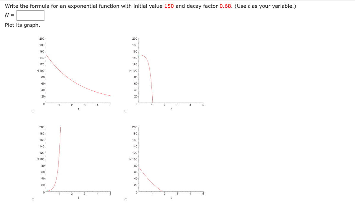 Write the formula for an exponential function with initial value 150 and decay factor 0.68. (Use t as your variable.)
N =
Plot its graph.
200
200
180
180
160
160
140
140
120
120
N 100
N 100
80-
80
60-
60
40
40
20-
20-
1
3
4
2
3
4
t
200
200
180
180
160
160
140
140
120
120
N 100
N 100
80
80
60-
60
40-
40-
20
20
1
2
3
4
5
2
3
4
5
t
t
