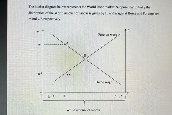 The bucket diagram below represents the World labor market. Suppose that initially the
distribution of the World amount of labour is given by L, and wages at Home and Foreign are
w and w*, respectively.
W
W
Wit
L→
L
B
Foreign wage
Home wage
World amount of labour
←L*
W