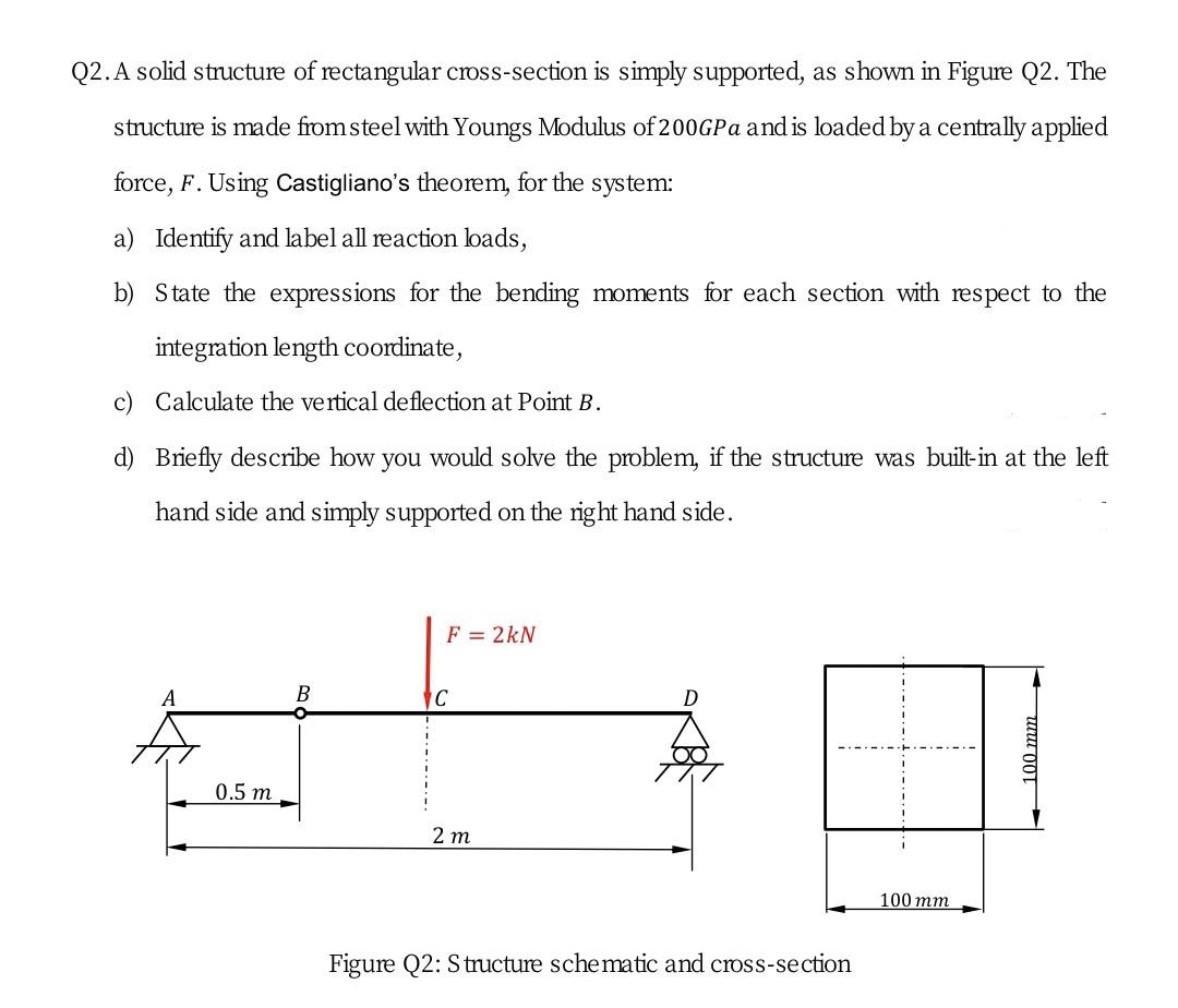 Q2. A solid structure of rectangular cross-section is simply supported, as shown in Figure Q2. The
structure is made from steel with Youngs Modulus of 200GPa and is loaded by a centrally applied
force, F. Using Castigliano's theorem, for the system:
a) Identify and label all reaction loads,
b) State the expressions for the bending moments for each section with respect to the
integration length coordinate,
Calculate the vertical deflection at Point B.
d) Briefly describe how you would solve the problem, if the structure was built-in at the left
hand side and simply supported on the right hand side.
A
0.5 m
B
F = 2kN
C
2m
Figure Q2: Structure schematic and cross-section
100 mm
100 mm