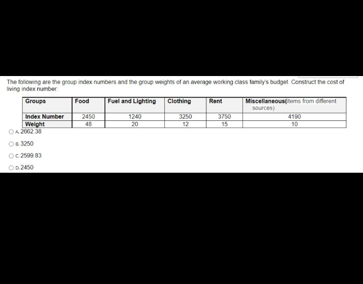 The following are the group index numbers and the group weights of an average working class family's budget Construct the cost of
living index number:
Groups
Fuel and Lighting
Clothing
Miscellaneous(items from different
sources)
Food
Rent
Index Number
325
Weight
OA 2662.38
48
20
12
15
10
Ов 3250
OC 2599.83
OD. 2450
