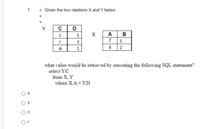 • Given the two relations X and Y below
Y
C
D
5
3
a
1
what value would be retrieved by executing the following SQL statement?
select Y.C
from X, Y
where X.A< YD
A74
