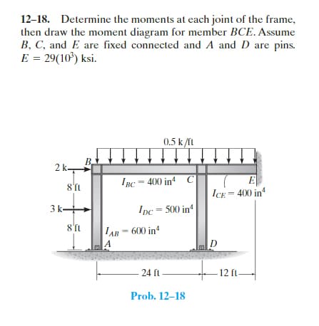 12-18. Determine the moments at each joint of the frame,
then draw the moment diagram for member BCE. Assume
B, C, and E are fixed connected and A and D are pins.
E = 29(10³) ksi.
2 k-
8'ft
3 k-
8'ft
0.5 k/ft
IBC=400 in C
1pc = 500 in
LAB=600 in 4
A
24 (1
Prob. 12-18
E
ICE = 400 in
D
-12 ft-