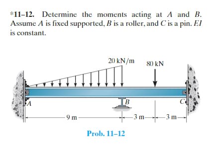 *11-12. Determine the moments acting at A and B.
Assume A is fixed supported, B is a roller, and C' is a pin. El
is constant.
FA
-9 m-
20 kN/m
Prob. 11-12
80 KN
-3m-
+
-3 m-
C