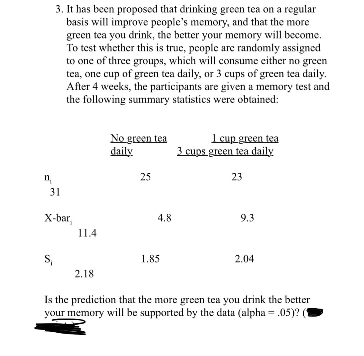 3. It has been proposed that drinking green tea on a regular
basis will improve people's memory, and that the more
green tea you drink, the better your memory will become.
To test whether this is true, people are randomly assigned
to one of three groups, which will consume either no green
tea, one cup of green tea daily, or 3 cups of green tea daily.
After 4 weeks, the participants are given a memory test and
the following summary statistics were obtained:
n₁
31
No green tea
daily
25
1 cup green tea
3 cups green tea daily
23
X-bar;
4.8
9.3
11.4
S₁
1.85
2.04
2.18
Is the prediction that the more green tea you drink the better
your memory will be supported by the data (alpha = .05)?