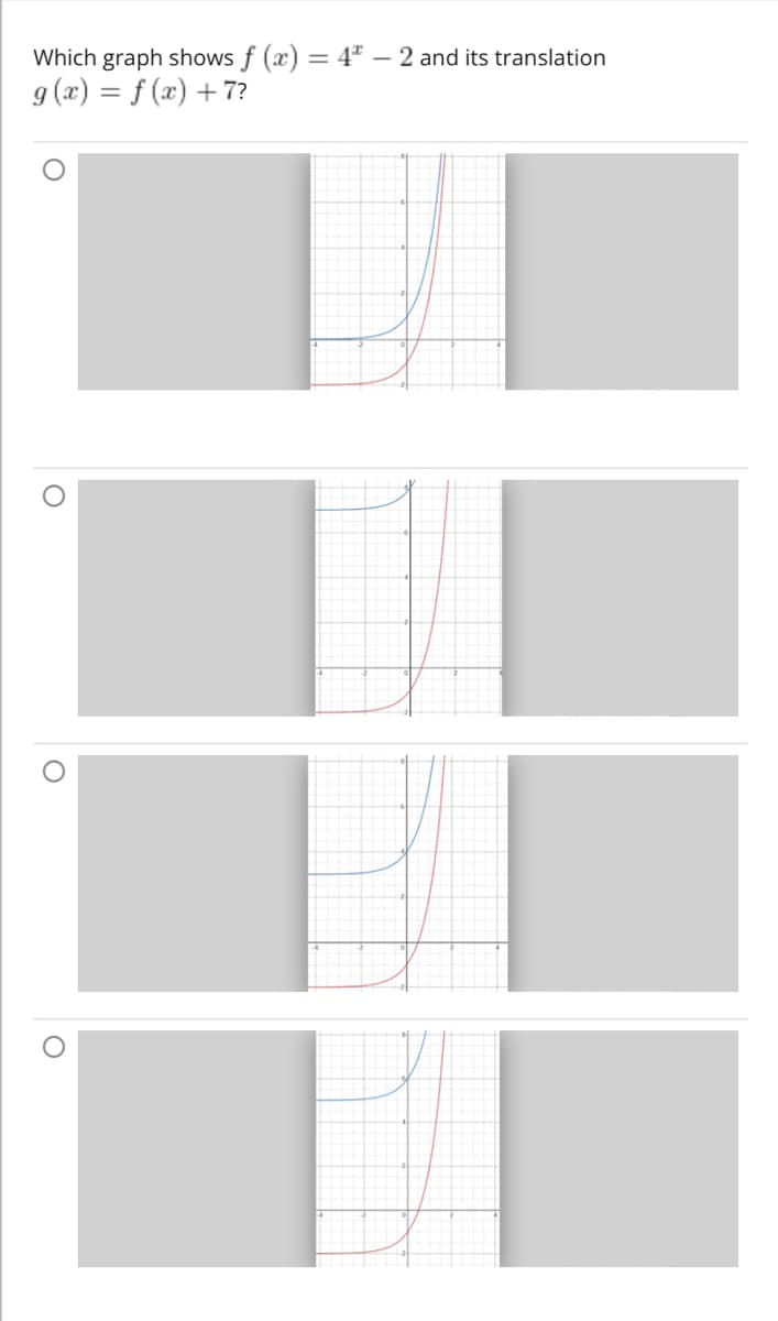 Which graph shows f(x) = 4 - 2 and its translation
g(x) = f(x) +7?
O
O