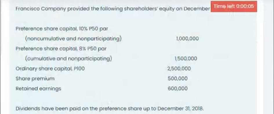 Francisco Company provided the following shareholders' equity on December Time left 0:00:05
Preference share capital, 10% P50 par
(noncumulative and nonparticipating)
1,000,000
Preference share capital, 8% P50 par
(cumulative and nonparticipating)
1,500,000
Ordinary share capital, PI00
2,500,000
Share premium
500,000
Retained earnings
600,000
Dividends have been paid on the preference share up to December 31, 2018.
