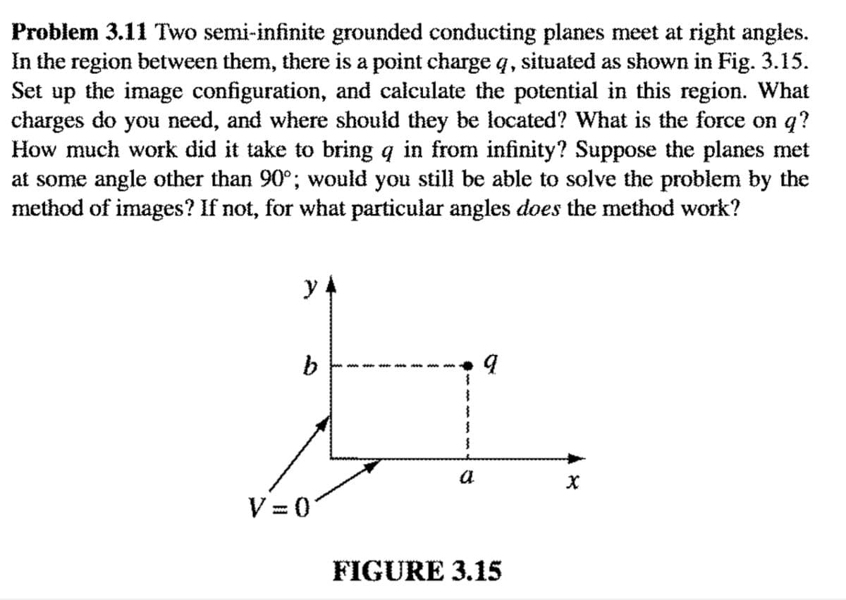 Problem 3.11 Two semi-infinite grounded conducting planes meet at right angles.
In the region between them, there is a point charge q, situated as shown in Fig. 3.15.
Set up the image configuration, and calculate the potential in this region. What
charges do you need, and where should they be located? What is the force on q?
How much work did it take to bring q in from infinity? Suppose the planes met
at some angle other than 90°; would you still be able to solve the problem by the
method of images? If not, for what particular angles does the method work?
y
b
V=0
Sann van véér véër riik dik WA WANA
{
1
3
}
a
q
FIGURE 3.15
X