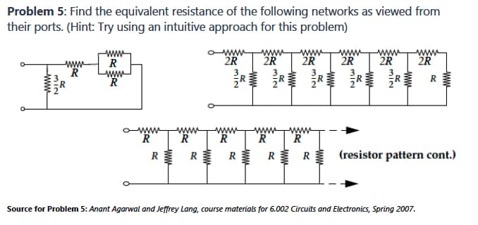 Problem 5: Find the equivalent resistance of the following networks as viewed from
their ports. (Hint: Try using an intuitive approach for this problem)
www
R
www
R
ww
R
www
R
R
www
2R
ww
R
RR
R
2R
www.
R
R
wwww
2R
wwwww www www
2R 2R
2R
R
www
R
R (resistor pattern cont.)
Source for Problem 5: Anant Agarwal and Jeffrey Lang, course materials for 6.002 Circuits and Electronics, Spring 2007.