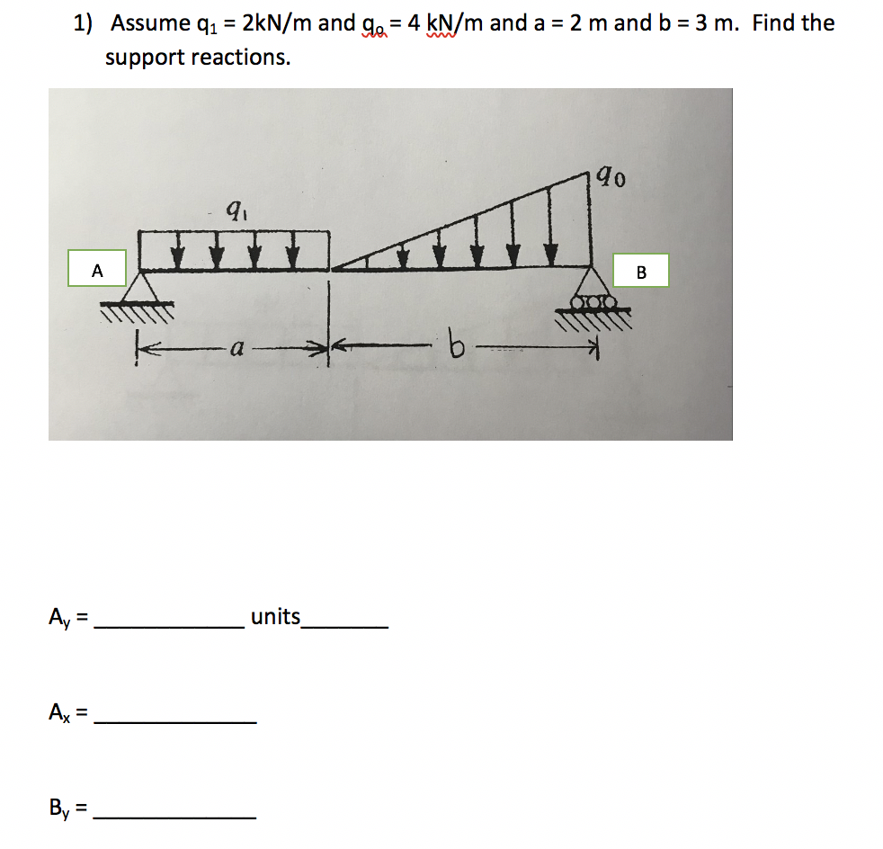 1) Assume q, = 2kN/m and ga = 4 kN/m and a = 2 m and b = 3 m. Find the
support reactions.
A
96.
Ay =
units
Ax =
By =,
%3D
