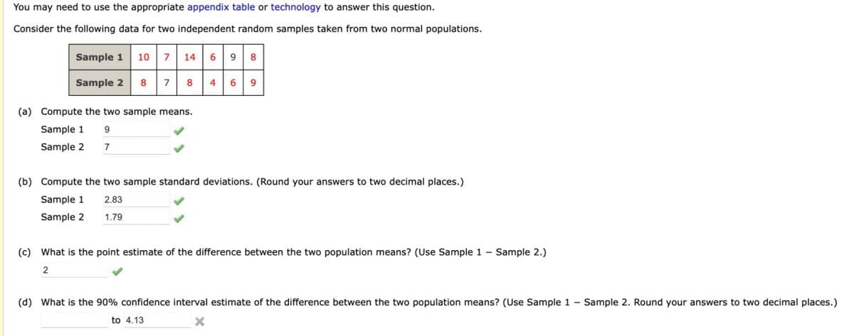 You may need to use the appropriate appendix table or technology to answer this question.
Consider the following data for two independent random samples taken from two normal populations.
10 7 14 6 9
Sample 1
Sample 2
8
7
8
4
(a) Compute the two sample means.
Sample 1
Sample 2
7
(b) Compute the two sample standard deviations. (Round your answers to two decimal places.)
Sample 1
2.83
Sample 2
1.79
(c) What is the point estimate of the difference between the two population means? (Use Sample 1 - Sample 2.)
2
(d) What is the 90% confidence interval estimate of the difference between the two population means? (Use Sample 1 - Sample 2. Round your answers to two decimal places.)
to 4.13
