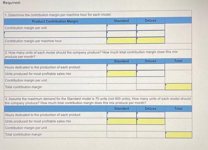 Required:
1. Determine the contribution margin per machine hour for each model.
Product Contribution Margin
Contribution margin per unit
Contribution margin per machine hour
Hours dedicated to the production of each product
Units produced for most profitable sales mix
Contribution margin per unit
Total contribution margin
Standard
2. How many units of each model should the company produce? How much total contribution margin does this mix
produce per month?
Standard
Deluxe
Hours dedicated to the production of each product
Units produced for most profitable sales mix
Contribution margin per unit
Total contribution margin
Deluxe
3. Assume the maximum demand for the Standard model is 70 units (not 600 units). How many units of each model should
the company produce? How much total contribution margin does this mix produce per month?
Standard
Total
Deluxe
Total