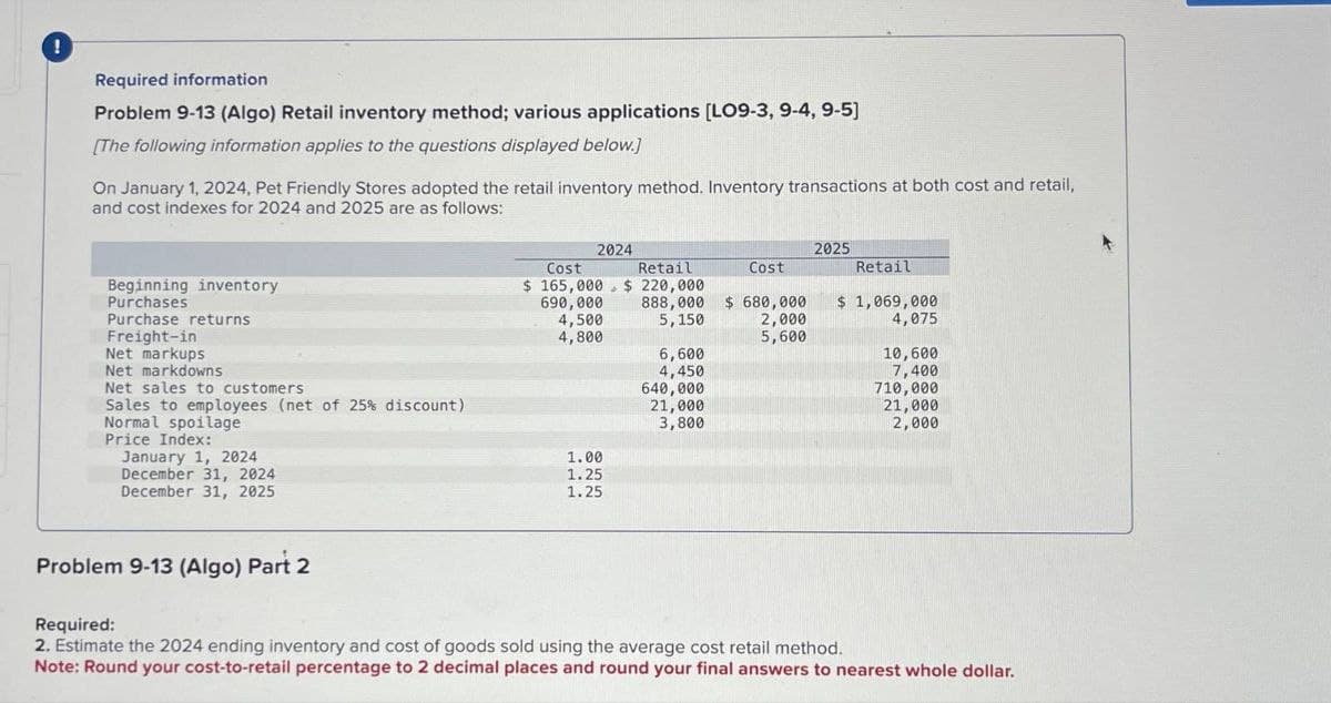 Required information
Problem 9-13 (Algo) Retail inventory method; various applications [LO9-3, 9-4, 9-5]
[The following information applies to the questions displayed below.]
On January 1, 2024, Pet Friendly Stores adopted the retail inventory method. Inventory transactions at both cost and retail,
and cost indexes for 2024 and 2025 are as follows:
Beginning inventory
Purchases
Purchase returns
Freight-in
Net markups
Net markdowns
Net sales to customers
Sales to employees (net of 25% discount)
Normal spoilage
Price Index:
January 1, 2024
December 31, 2024
December 31, 2025
2024
2025
Cost
Retail
Cost
Retail
$ 165,000
$220,000
690,000
888,000
4,500
5,150
4,800
$ 680,000
2,000
5,600
$ 1,069,000
4,075
6,600
10,600
4,450
640,000
21,000
3,800
7,400
710,000
21,000
2,000
1.00
1.25
1.25
Problem 9-13 (Algo) Part 2
Required:
2. Estimate the 2024 ending inventory and cost of goods sold using the average cost retail method.
Note: Round your cost-to-retail percentage to 2 decimal places and round your final answers to nearest whole dollar.