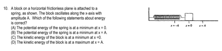 10. A block on a horizontal frictionless plane is attached to a
spring, as shown. The block oscillates along the x-axis with
amplitude A. Which of the following statements about energy
is correct?
(A) The potential energy of the spring is at a minimum at x = 0.
(B) The potential energy of the spring is at a minimum at x = A.
(C) The kinetic energy of the block is at a minimum at x =0.
(D) The kinetic energy of the block is at a maximum at x = A.
X=-A
