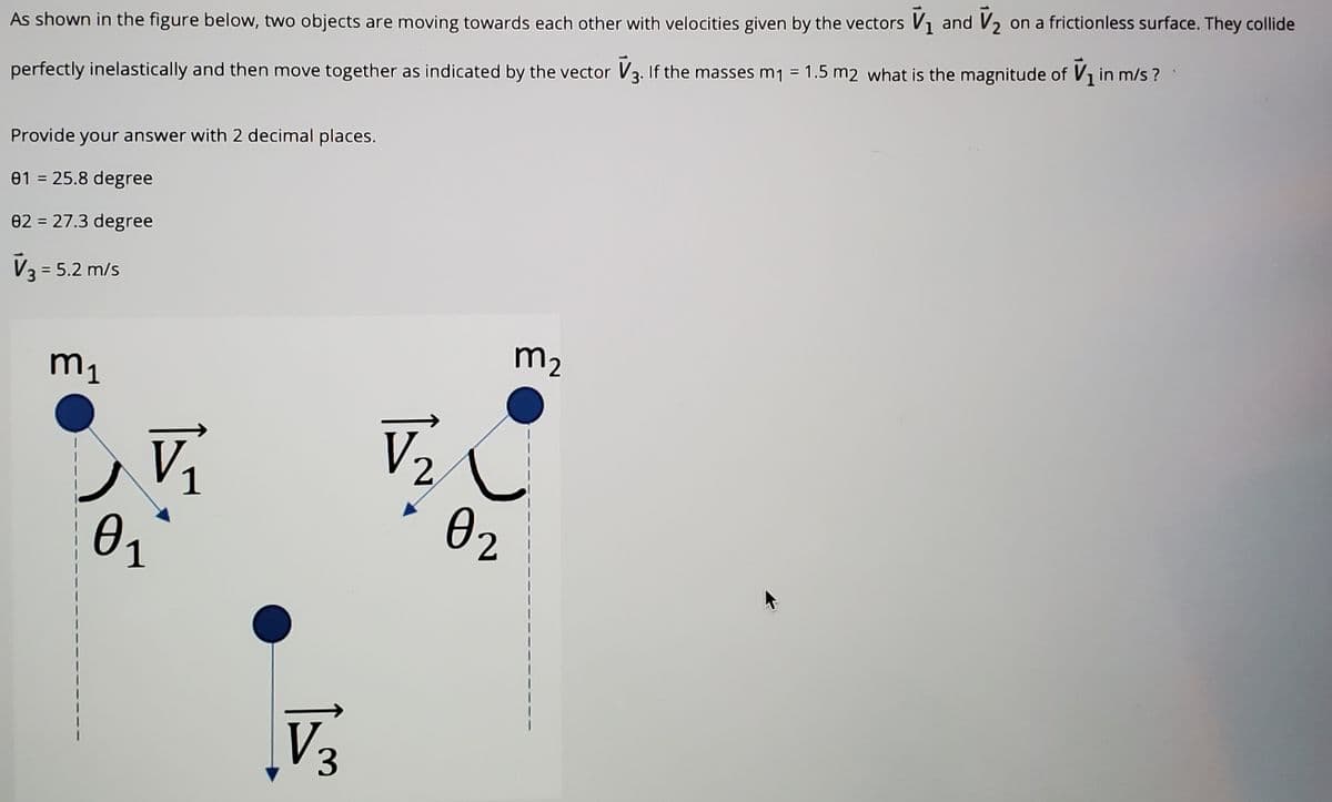 on a frictionless surface. They collide
As shown in the figure below, two objects are moving towards each other with velocities given by the vectors V1 and V2
%3D
perfectly inelastically and then move together as indicated by the vector V3. If the masses m1 = 1.5 m2 what is the magnitude of V1 in m/s ?
Provide your answer with 2 decimal places.
01 = 25.8 degree
02 = 27.3 degree
V3 = 5.2 m/s
m2
m1
V2
02
V
V3
