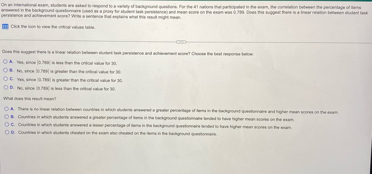 On an international exam, students are asked to respond to a variety of background questions. For the 41 nations that participated in the exam, the correlation between the percentage of items
answered in the background questionnaire (used as a proxy for student task persistence) and mean score on the exam was 0.789. Does this suggest there is a linear relation between student task
persistence and achievement score? Write a sentence that explains what this result might mean.
Click the icon to view the critical values table.
Does this suggest there is a linear relation between student task persistence and achievement score? Choose the best response below.
OA. Yes, since 0.789 is less than the critical value for 30.
OB. No, since 0.789 is greater than the critical value for 30.
OC. Yes, since 0.789| is greater than the critical value for 30.
OD. No, since |0.789| is less than the critical value for 30.
What does this result mean?
OA. There is no linear relation between countries in which students answered a greater percentage of items in the background questionnaire and higher mean scores on the exam.
OB. Countries in which students answered a greater percentage of items in the background questionnaire tended to have higher mean scores on the exam.
OC. Countries in which students answered a lesser percentage of items in the background questionnaire tended to have higher mean scores on the exam.
O D. Countries in which students cheated on the exam also cheated on the items in the background questionnaire.