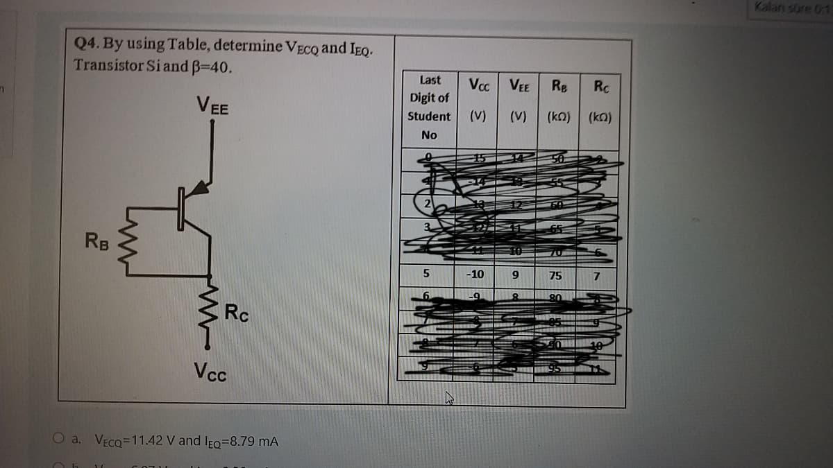 Kalan süre 0:1
Q4. By using Table, determine VECQ and IEQ.
Transistor Si and B-40.
Last
Vcc
VEE
Re
Rc
Digit of
VEE
(V)
(V)
(kO)
(ko)
Student
No
50
RB
-10
6.
75
6.
Rc
Vcc
O a. VECQ=11.42 V and lEQ=8.79 mA
