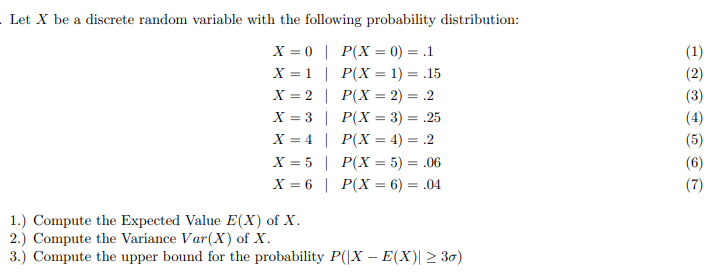 Let X be a discrete random variable with the following probability distribution:
X = 0 | P(X = 0) = .1
х 3D1 | Р(Х — 1) %3 .15
(1)
(2)
X = 2 | P(X= 2) = .2
X = 3 | P(X = 3) = .25
X = 4 | P(X= 4) = .2
X = 5 | P(X = 5) = .06
X = 6 | P(X = 6) = .04
(3)
%3D
(4)
(5)
(6)
(7)
%3D
1.) Compute the Expected Value E(X) of X.
2.) Compute the Variance Var(X) of X.
3.) Compute the upper bound for the probability P(|X – E(X)| > 30)
