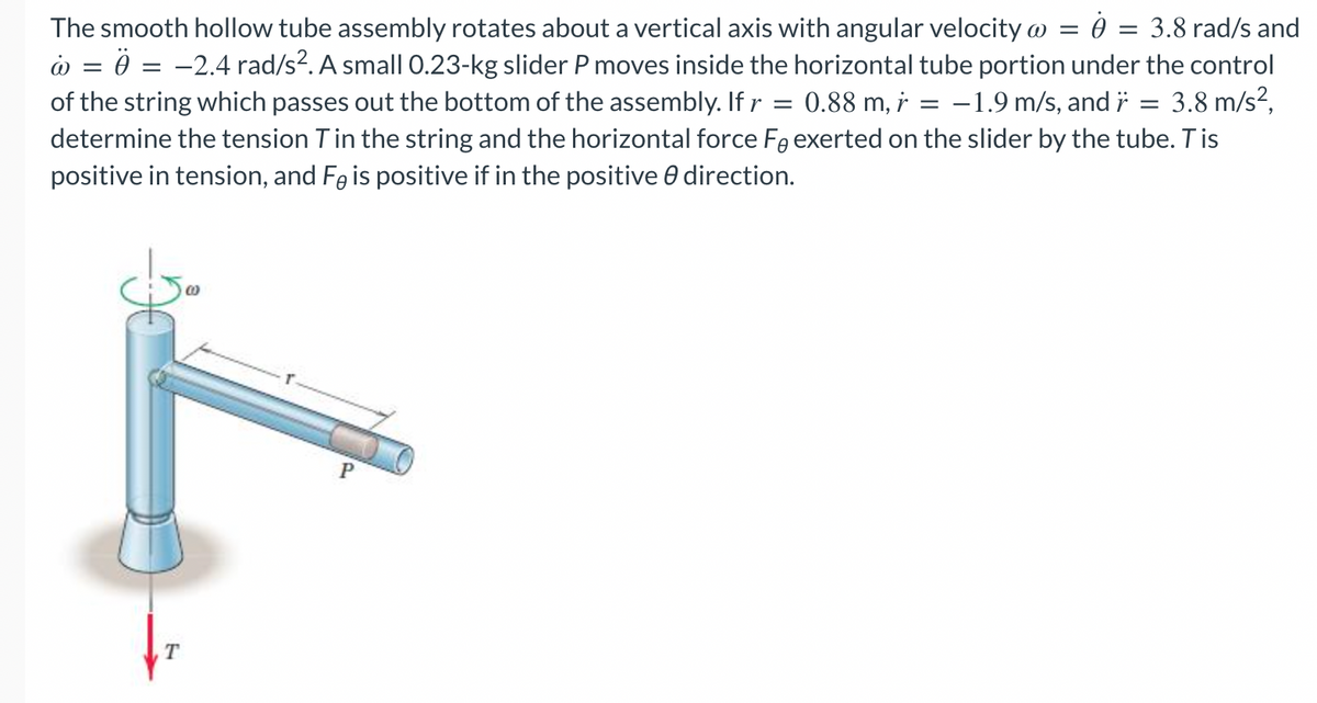 The smooth hollow tube assembly rotates about a vertical axis with angular velocity w = 0 = 3.8 rad/s and
o = 0 = -2.4 rad/s². A small O.23-kg slider P moves inside the horizontal tube portion under the control
0.88 m, i = -1.9 m/s, and i = 3.8 m/s?,
of the string which passes out the bottom of the assembly. If r
determine the tension Tin the string and the horizontal force Fe exerted on the slider by the tube. Tis
positive in tension, and Fe is positive if in the positive 0 direction.
T.
