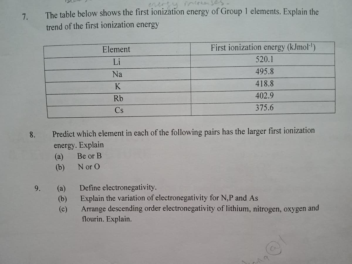 entrey nina
The table below shows the first ionization energy of Group 1 elements. Explain the
trend of the first ionization energy
7.
Element
First ionization energy (kJmol')
Li
520.1
Na
495.8
K
418.8
Rb
402.9
Cs
375.6
8.
Predict which element in each of the following pairs has the larger first ionization
energy. Explain
(a)
Be or B
(b)
N or O
Define electronegativity.
Explain the variation of electronegativity for N,P and As
Arrange descending order electronegativity of lithium, nitrogen, oxygen
flourin. Explain.
9.
(a)
(b)
(c)
and
