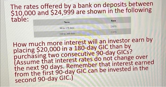 The rates offered by a bank on deposits between
$10,000 and $24,999 are shown in the following
table:
Term
90 to 179 days
150 to 269 days
Rate
2.65%
2.55%
How much more interest will an investor earn by
placing $20,000 in a 180-day GIC than by
purchasing two consecutive 90-day GICS?
(Assume that interest rates do not change over
the next 90 days. Remember that interest earned
from the first 90-day GIC can be invested in the
second 90-day GIC.)