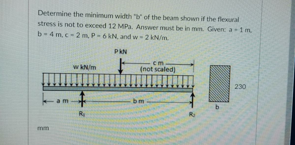 Determine the minimum width "b" of the beam shown if the flexural
stress is not to exceed 12 MPa. Answer must be in mm. Given: a = 1 m,
b = 4 m, c = 2 m. P = 6 kN, and w = 2 kN/m.
P kN
cm
w kN/m
(not scaled)
230
аm
bm
b.
R1
R2
mm
