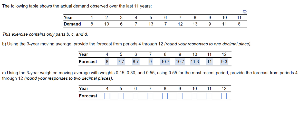 The following table shows the actual demand observed over the last 11 years:
Year
Demand
1
8
2
10
Year
4
Forecast 8
3
6
Year
Forecast
4
7
5 6
7.7 8.7
5
5
13
6
This exercise contains only parts b, c, and d.
b) Using the 3-year moving average, provide the forecast from periods 4 through 12 (round your responses to one decimal place).
7
9
6
7
7
7
12
8
13
c) Using the 3-year weighted moving average with weights 0.15, 0.30, and 0.55, using 0.55 for the most recent period, provide the forecast from periods 4
through 12 (round your responses to two decimal places).
4
8
9
9
8
9 10 11 12
10.7 10.7 11.3 11 9.3
9
10
11
10
11
11
8
12