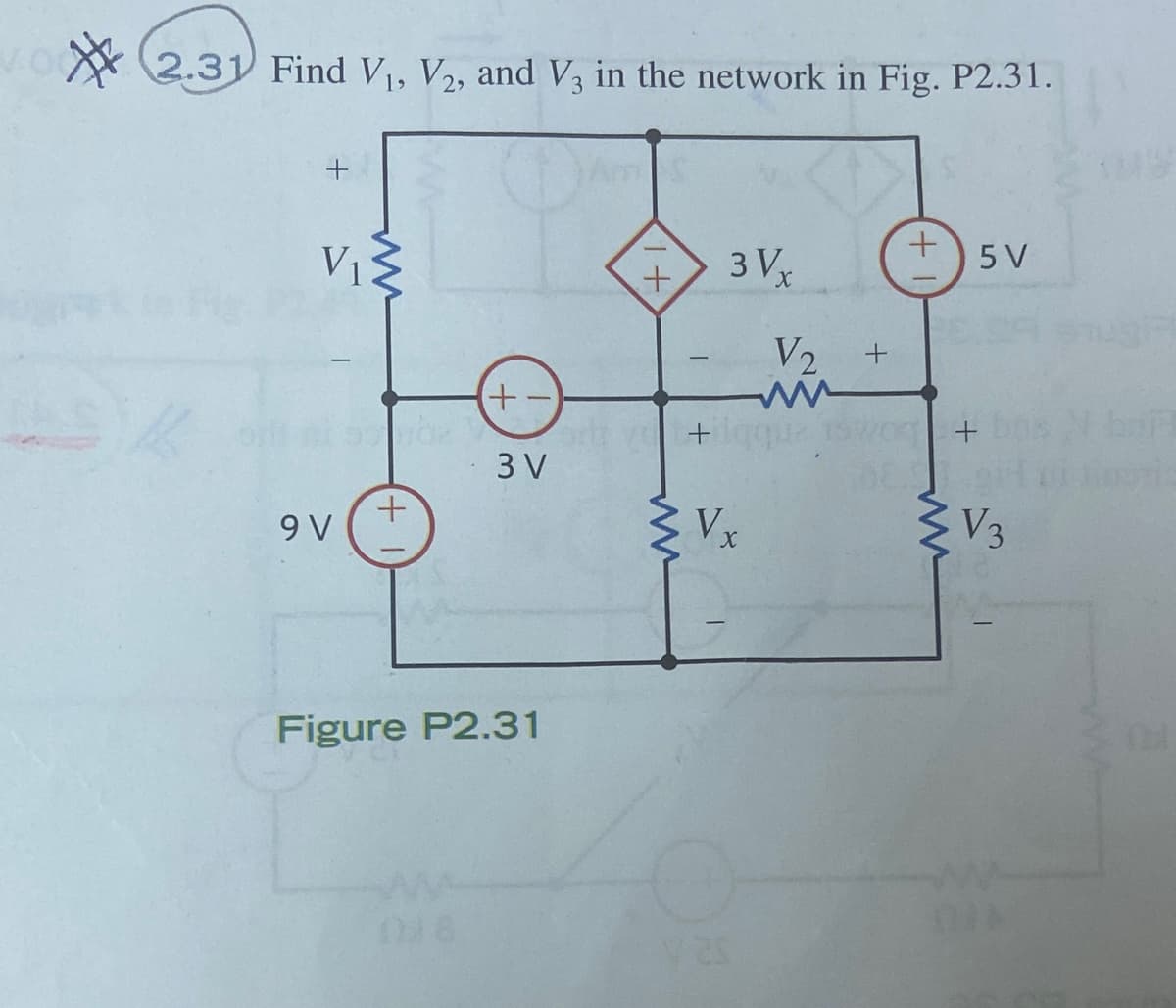 2.31 Find V, V2, and V, in the network in Fig. P2.31.
V1
3 Vx
5 V
V2
+)
ba
3 V
9 V
Vx
V3
Figure P2.31
ww
018
+,
