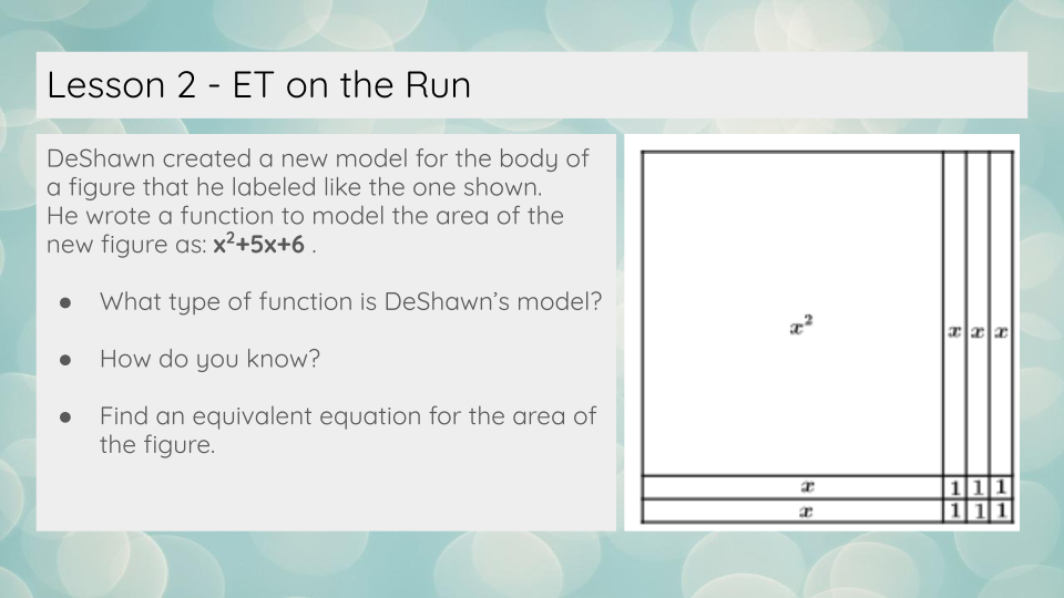 Lesson 2 ET on the Run
DeShawn created a new model for the body of
a figure that he labeled like the one shown.
He wrote a function to model the area of the
new figure as: x²+5x+6.
What type of function is DeShawn's model?
How do you know?
Find an equivalent equation for the area of
the figure.
x²
a
a
xxx