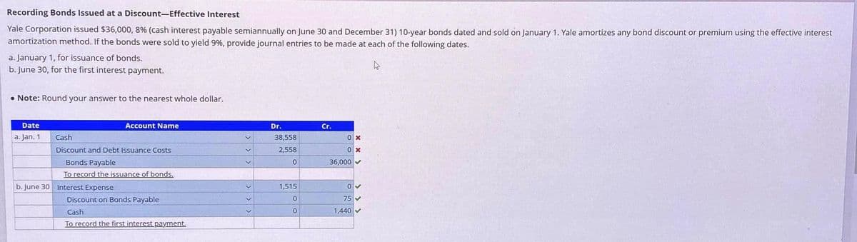 Recording Bonds Issued at a Discount-Effective Interest
Yale Corporation issued $36,000, 8% (cash interest payable semiannually on June 30 and December 31) 10-year bonds dated and sold on January 1. Yale amortizes any bond discount or premium using the effective interest
amortization method. If the bonds were sold to yield 9%, provide journal entries to be made at each of the following dates.
a. January 1, for issuance of bonds.
b. June 30, for the first interest payment.
• Note: Round your answer to the nearest whole dollar.
Date
a. Jan. 1
Account Name
Cash
Discount and Debt Issuance Costs
Bonds Payable
To record the issuance of bonds.
b. June 30 Interest Expense
Discount on Bonds Payable
Cash
To record the first interest payment.
Dr.
38,558
2,558
0
1,515
0
0
Cr.
0x
0x
36,000
0
75
1,440 ✔