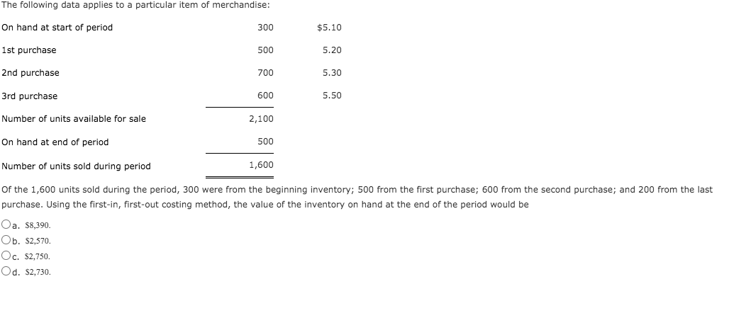 The following data applies to a particular item of merchandise:
On hand at start of period
300
$5.10
1st purchase
500
5.20
2nd purchase
700
5.30
3rd purchase
600
5.50
Number of units available for sale
2,100
On hand at end of period
500
Number of units sold during period
1,600
Of the 1,600 units sold during the period, 300 were from the beginning inventory; 500 from the first purchase; 600 from the second purchase; and 200 from the last
purchase. Using the first-in, first-out costing method, the value of the inventory on hand at the end of the period would be
Oa, $8,390.
Ob. $2,570.
Oc. $2,750.
Od. $2,730.
