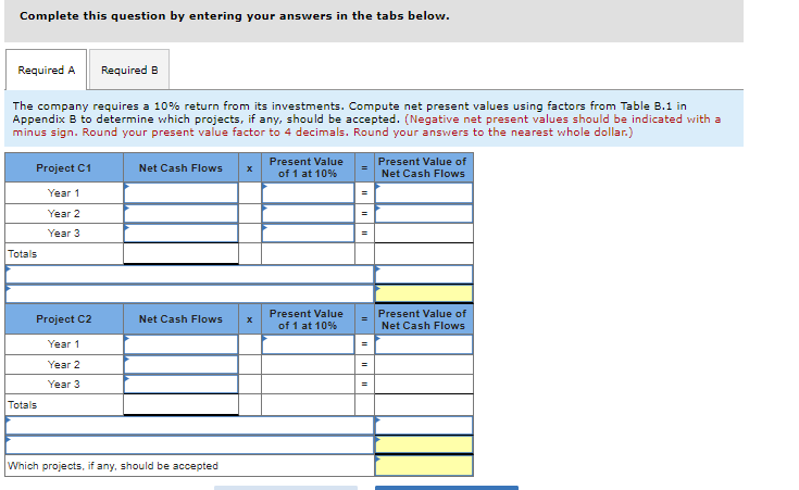 Complete this question by entering your answers in the tabs below.
Required A Required B
The company requires a 10% return from its investments. Compute net present values using factors from Table B.1 in
Appendix B to determine which projects, if any, should be accepted. (Negative net present values should be indicated with a
minus sign. Round your present value factor to 4 decimals. Round your answers to the nearest whole dollar.)
Project C1
Year 1
Year 2
Year 3
Totals
Project C2
Year 1
Year 2
Year 3
Totals
Net Cash Flows x
Net Cash Flows
Which projects, if any, should be accepted
x
Present Value
of 1 at 10%
Present Value
of 1 at 10%
=
=
Present Value of
Net Cash Flows
Present Value of
Net Cash Flows