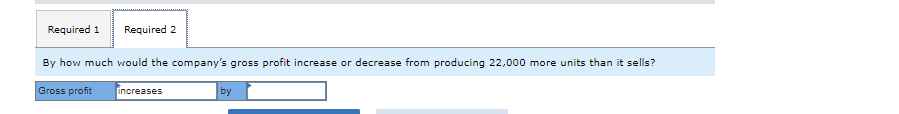 Required 1 Required 2
By how much would the company's gross profit increase or decrease from producing 22,000 more units than it sells?
Gross profit
increases
by