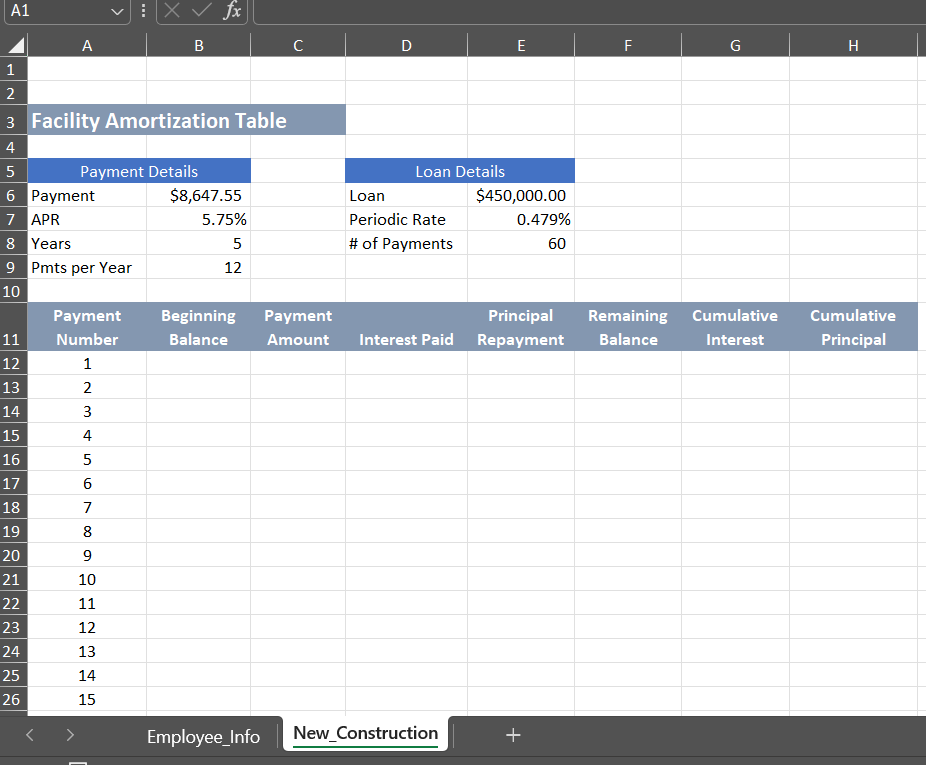 C
D
E
1
2
A1
A
⠀ |× ✓ fx
B
3 Facility Amortization Table
Payment Details
4
5
6
Payment
7 APR
8 Years
9 Pmts per Year
Loan Details
$8,647.55
Loan
$450,000.00
5.75%
Periodic Rate
5
# of Payments
0.479%
60
12
LL
F
G
H
10
Payment
11
Number
Beginning
Balance
Payment
Amount
Principal
Interest Paid Repayment
Remaining
Balance
Cumulative
Interest
Cumulative
Principal
12
1
13
2
3
14
15
st
16
5
17
6
18
7
19
8
20
9
21
10
22
11
23
12
24
13
25
14
26
15
Employee_Info
New_Construction
+