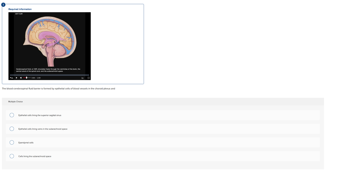 Required information
◄30s
CSF FLOW
Cerebrospinal fluid, or CSF, circulates freely through the ventricles of the brain, the
central canal of the spinal cord, and the subarachnold space.
CO
0:00 / 2:05
Multiple Choice
The blood-cerebrospinal fluid barrier is formed by epithelial cells of blood vessels in the choroid plexus and
Epithelial cells lining the superior sagittal sinus
Epithelial cells lining veins in the subarachnoid space
Ependymal cells
1x
Cells lining the subarachnoid space