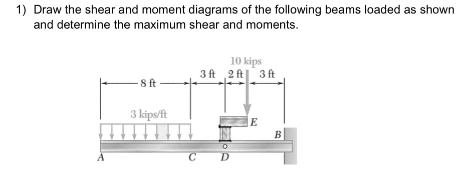 1) Draw the shear and moment diagrams of the following beams loaded as shown
and determine the maximum shear and moments.
10 kips
3 ft 2 ft 3 ft
8 ft
3 kips/ft
E
В
A
C
