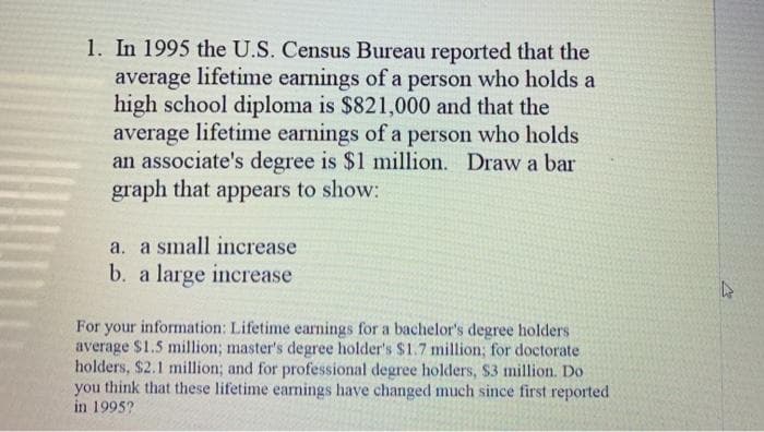 1. In 1995 the U.S. Census Bureau reported that the
average lifetime earnings of a person who holds a
high school diploma is $821,000 and that the
average lifetime earnings of a person who holds
an associate's degree is $1 million. Draw a bar
graph that appears to show:
a. a small increase
b. a large increase
For your information: Lifetime earnings for a bachelor's degree holders
average $1.5 million; master's degree holder's $1.7 million; for doctorate
holders, $2.1 million; and for professional degree holders, $3 million. Do
you think that these lifetime earmings have changed much since first reported
in 1995?
