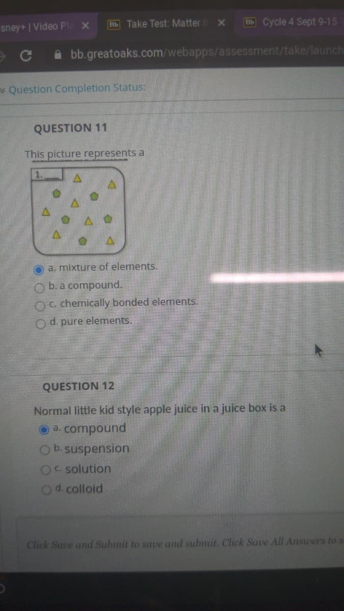 Bb Take Test: Matter
Hb Cycle 4 Sept 9-15
sney+ | Video Pl X
A bb.greatoaks.com/webapps/assessment/take/launch
Question Completion Status:
QUESTION 11
This picture represents a
Oa. mixture of elements.
Ob.a compound.
Oc chemically bonded elements.
d. pure elements.
QUESTION 12
Normal little kid style apple juice in a juice box is a
Oa compound
Ob.suspension
OC Solution
Od colloid
Click Save and Subimit to save and submit. Click Save All Answers tosa
