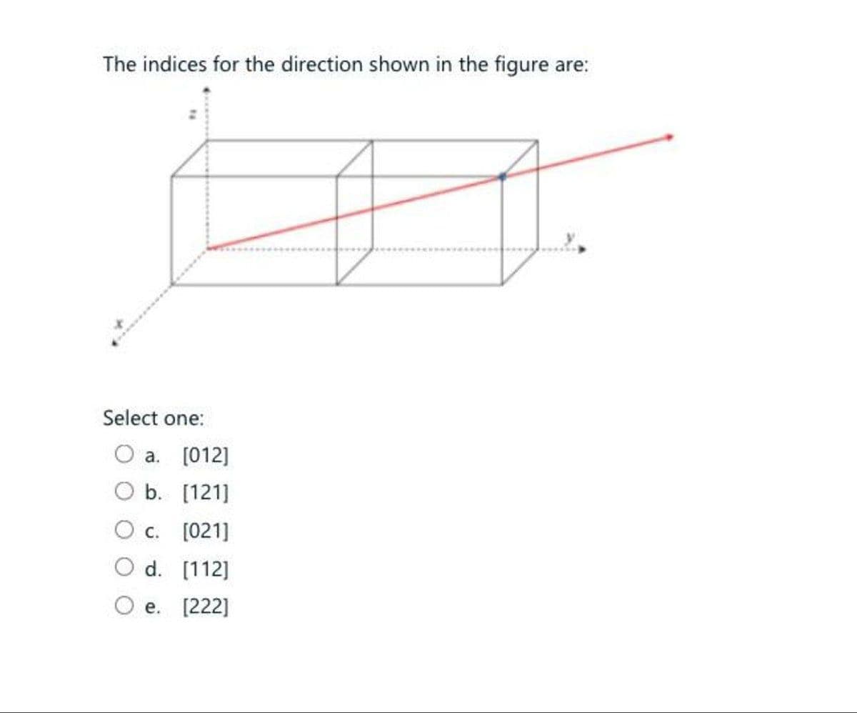 The indices for the direction shown in the figure are:
Select one:
O a. [012]
b. [121]
c.
[021]
O d. [112]
O e. [222]
