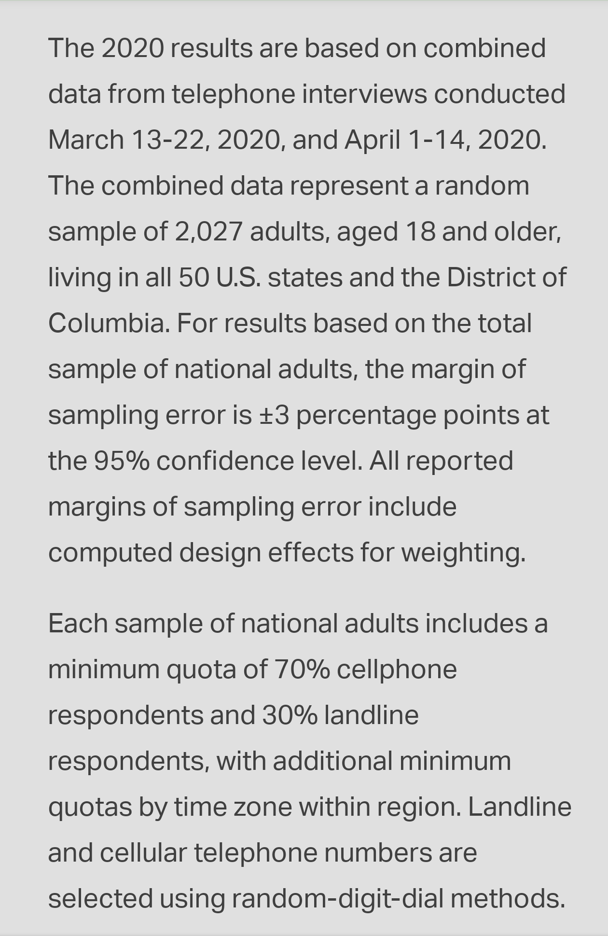 The 2020 results are based on combined
data from telephone interviews conducted
March 13-22, 2020, and April 1-14, 2020.
The combined data represent a random
sample of 2,027 adults, aged 18 and older,
living in all 50 U.S. states and the District of
Columbia. For results based on the total
sample of national adults, the margin of
sampling error is ±3 percentage points at
the 95% confidence level. All reported
margins of sampling error include
computed design effects for weighting.
Each sample of national adults includes a
minimum quota of 70% cellphone
respondents and 30% landline
respondents, with additional minimum
quotas by time zone within region. Landline
and cellular telephone numbers are
selected using random-digit-dial methods.
