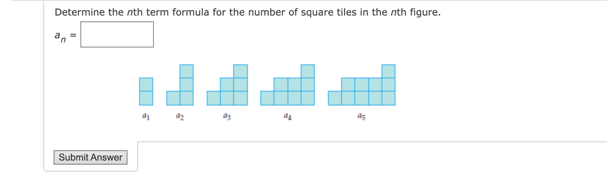 Determine the nth term formula for the number of square tiles in the nth figure.
an
a2
az
as
as
Submit Answer
