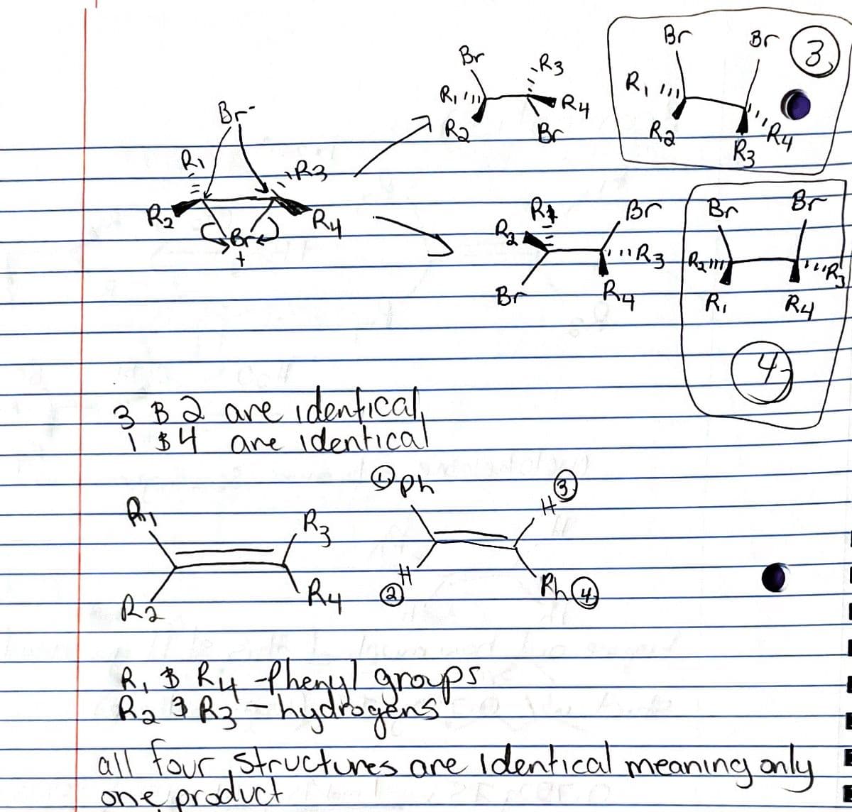 Br
Br
R3
Br
3.
Br-
R2
Ry
Br
Ra
R3
Ri
Ry
Br
Br
Br
by
Ry
Ri
3 B a are identica,
ī $4 are identical
hy
R, B hy thery grops
all tour ,Structures are Identical meaning anly
one product
