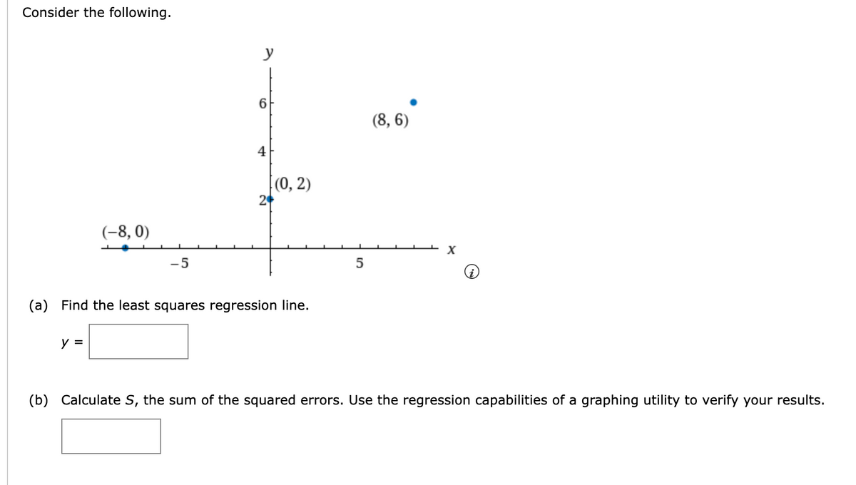 Consider the following.
(-8, 0)
y =
-5
y
6
4
(0, 2)
(a) Find the least squares regression line.
5
(8,6)
(b) Calculate S, the sum of the squared errors. Use the regression capabilities of a graphing utility to verify your results.