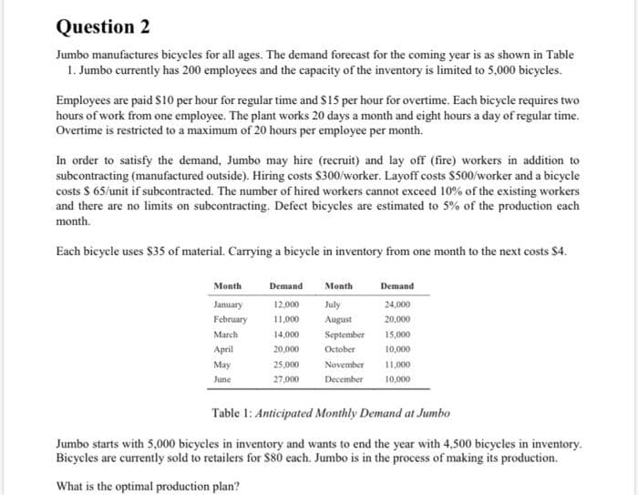 Question 2
Jumbo manufactures bicycles for all ages. The demand forecast for the coming year is as shown in Table
1. Jumbo currently has 200 employees and the capacity of the inventory is limited to 5,000 bicycles.
Employees are paid s10 per hour for regular time and S15 per hour for overtime. Each bicycle requires two
hours of work from one employee. The plant works 20 days a month and eight hours a day of regular time.
Overtime is restricted to a maximum of 20 hours per employee per month.
In order to satisfy the demand, Jumbo may hire (recruit) and lay off (fire) workers in addition to
subcontracting (manufactured outside). Hiring costs $300/worker. Layoff costs $500/worker and a bicycle
costs $ 65/unit if subcontracted. The number of hired workers cannot exceed 10% of the existing workers
and there are no limits on subcontracting. Defect bicycles are estimated to 5% of the production each
month.
Each bicycle uses $35 of material. Carrying a bicycle in inventory from one month to the next costs $4.
Month
Demand
Month
Demand
January
12,000
July
24,000
February
11,000
August
20,000
March
14,000
September
15,000
April
20,000
October
10,000
May
25,000
November
11,000
June
27,000
December
10,000
Table 1: Anticipated Monthly Demand at Jumbo
Jumbo starts with 5,000 bicycles in inventory and wants to end the year with 4,500 bicycles in inventory.
Bicycles are currently sold to retailers for S80 cach. Jumbo is in the process of making its production.
What is the optimal production plan?
