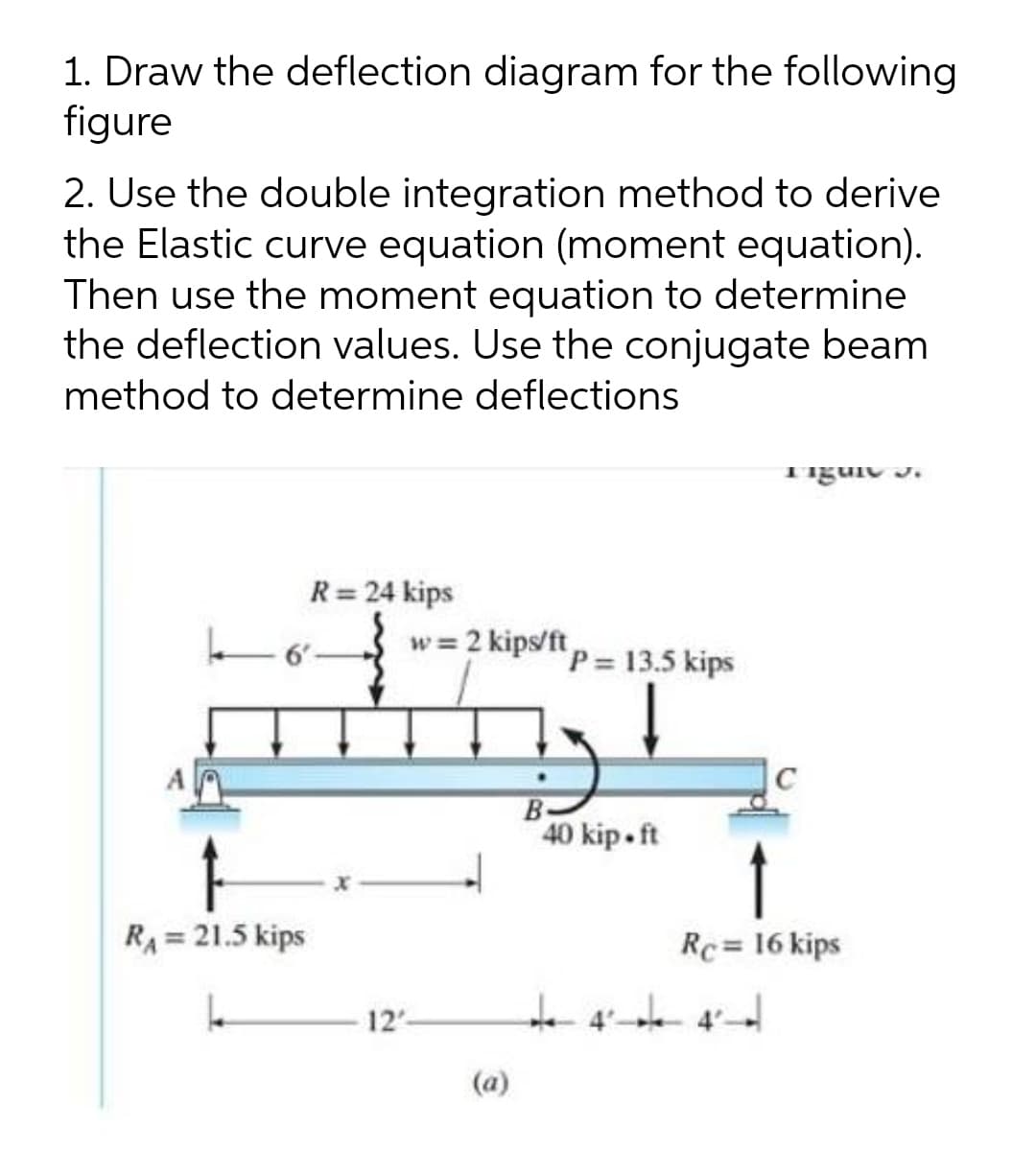 1. Draw the deflection diagram for the following
figure
2. Use the double integration method to derive
the Elastic curve equation (moment equation).
Then use the moment equation to determine
the deflection values. Use the conjugate beam
method to determine deflections
Tiguiv J.
R= 24 kips
w = 2 kips/ft
'P = 13.5 kips
C
B-
40 kip- ft
1
RA = 21.5 kips
Rc = 16 kips
12
(a)
